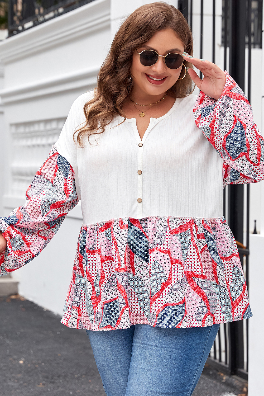 Apricot Plus Size Printed Patchwork Textured Buttoned Blouse - Image 5