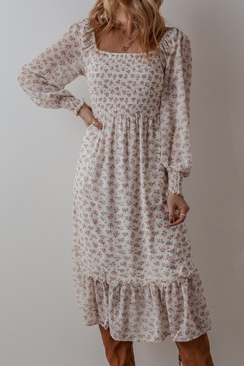 White Floral Print Shirred Ruffled Hem Square Neck Midi Dress - Image 5