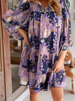 Purple Vintage Daisy Floral Puff Sleeve Ruffle Short Dress