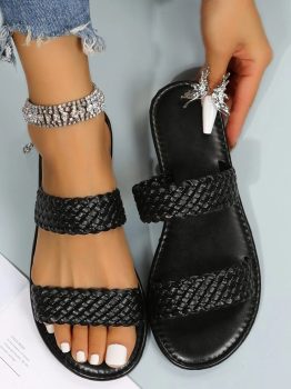 Black Braided Double Band Leathered Flat Slippers