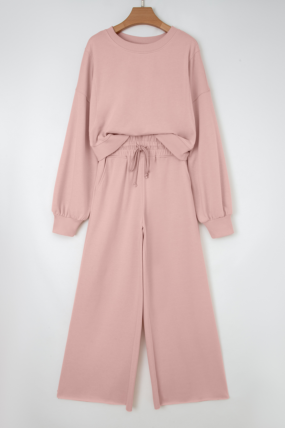 Light Pink Drop Shoulder Puff Sleeve Crop Pullover Drawstring Wide Leg Pants Set - Image 6
