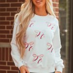 White Sequin Bow Baseball Patched Casual Sweatshirt