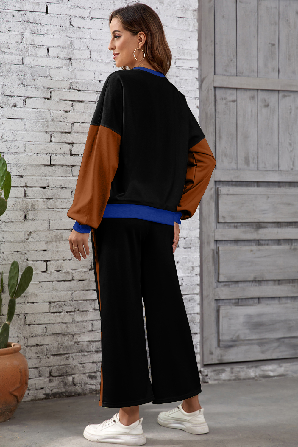 Black 2pcs Color Block Pullover Loose Pant Set - Image 2