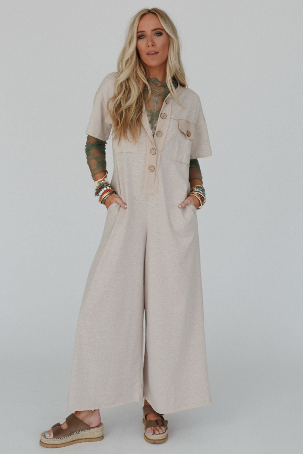 Beige Half Placket Chest Pockets Short Sleeve Wide Leg Jumpsuit - Image 4