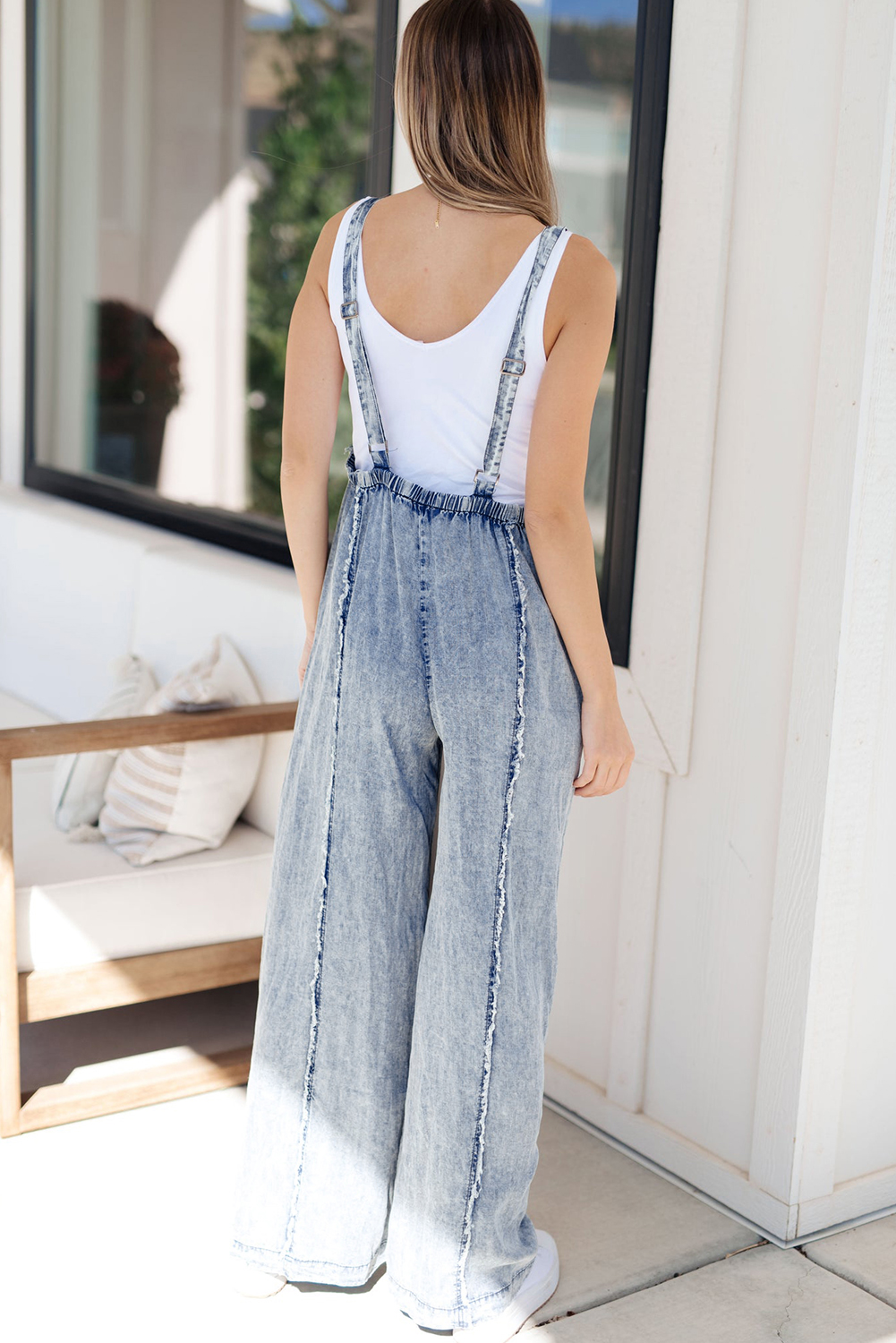 Beau Blue Light Wash Frayed Exposed Seam Wide Leg Denim Overall - Image 8