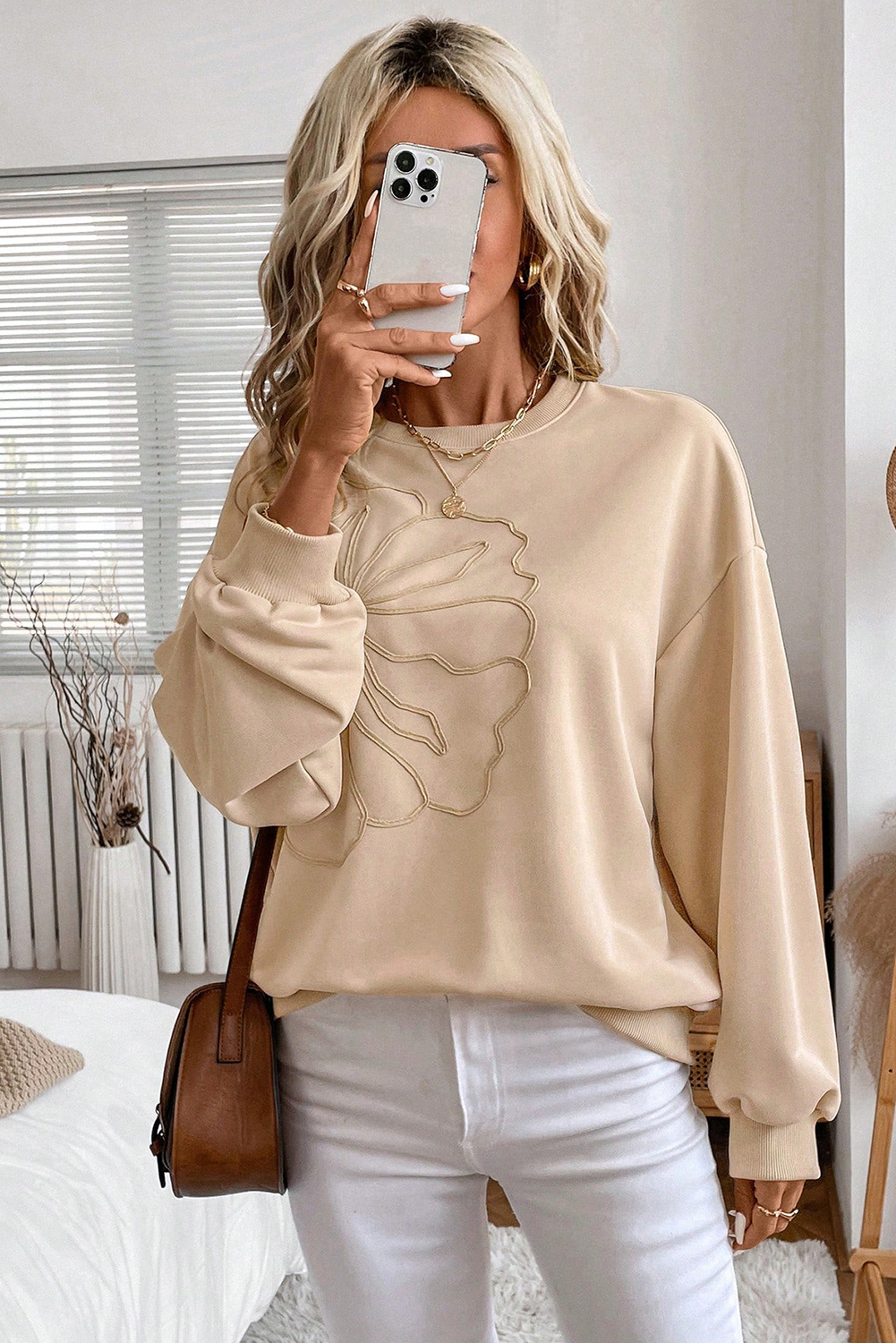 Parchment Embroidered Flower Pattern Drop Shoulder Sweatshirt - Image 6