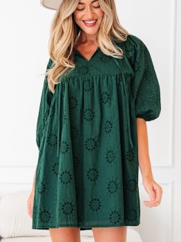Blackish Green Embroidered Eyelet Pattern 3/4 Puffy Sleeve Swing Mini Dress