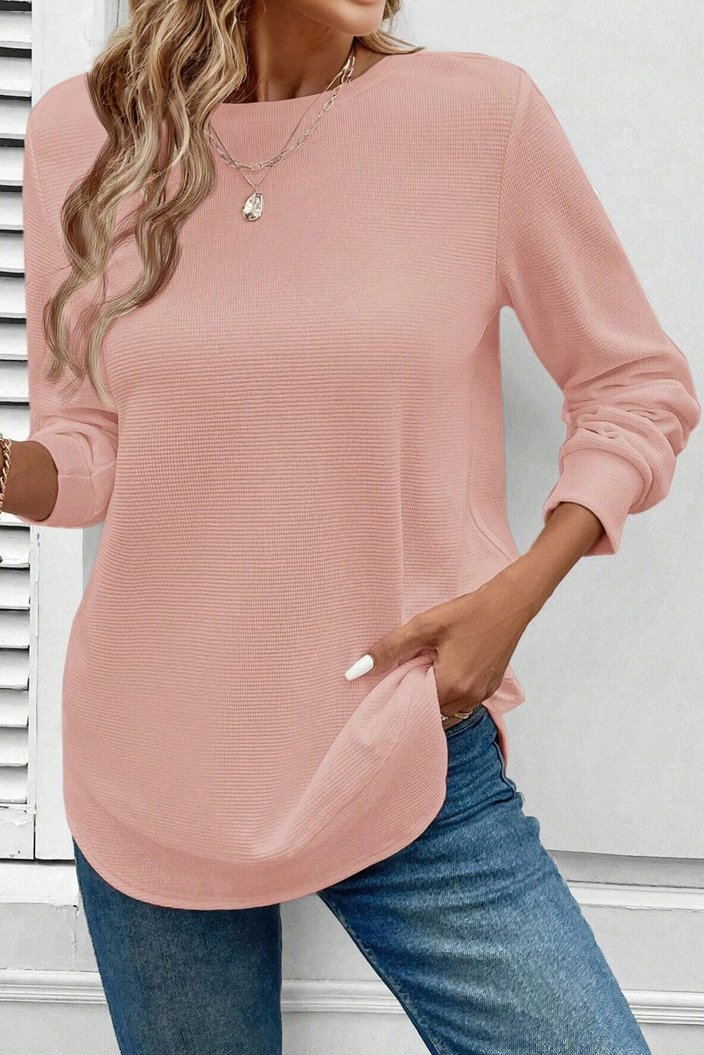 Gossamer Pink Rounded Hem Waffle Long Sleeve Top - Image 3
