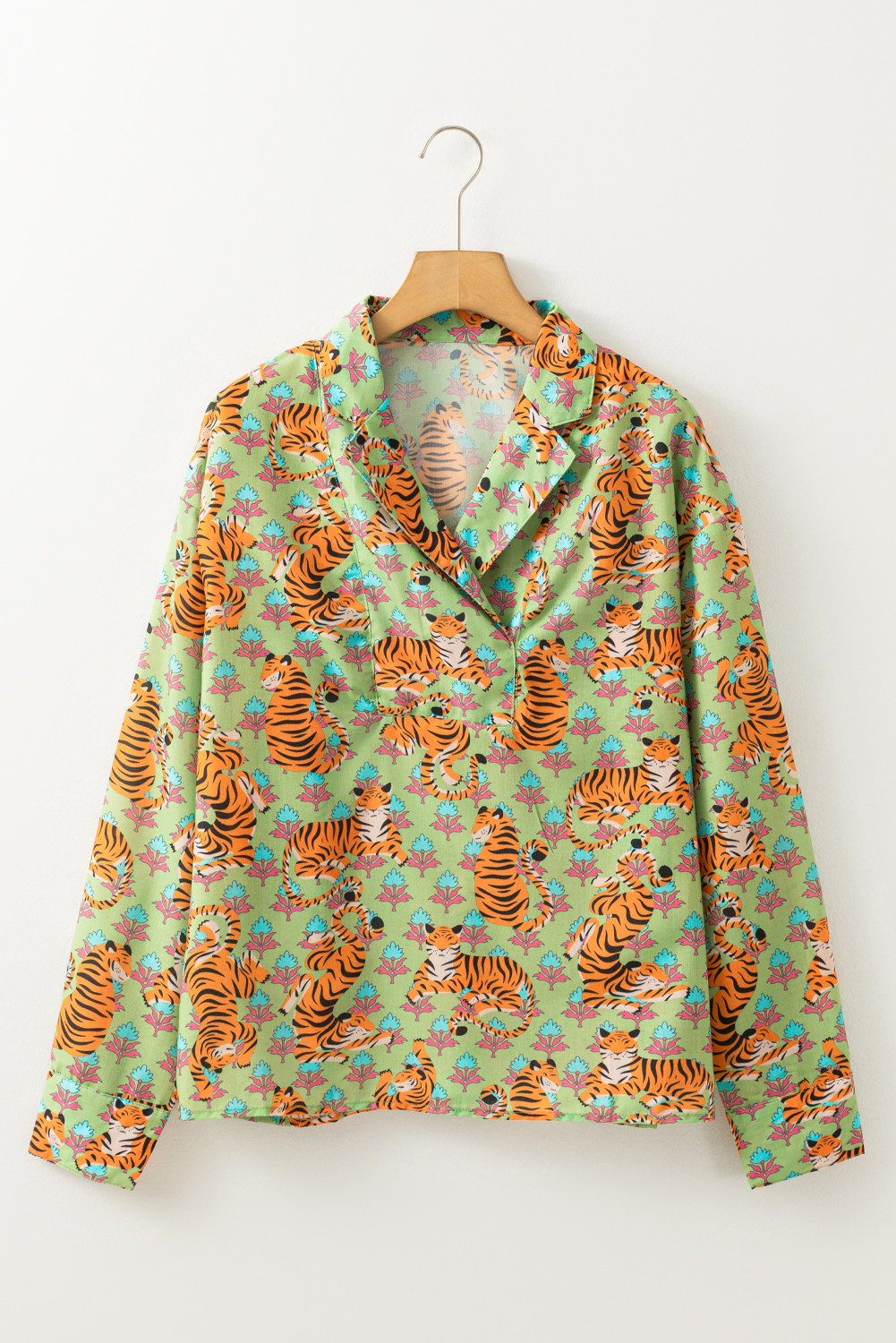 Green Tiger Floral Printed Collared V Neck Casual Shirt - Image 7