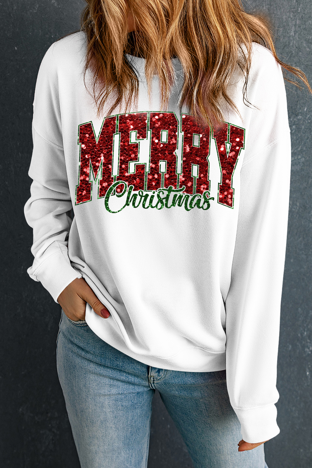 Beige MERRY Christmas Heat Transfer Printing Crewneck Pullover Sweatshirt - Image 5