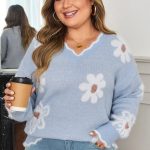 Gray Fuzzy Flower Scalloped V Neck Plus Sweater