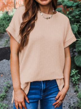 Jet Stream Textured Knit Round Neck Short Sleeve Top