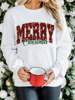 Beige MERRY Christmas Heat Transfer Printing Crewneck Pullover Sweatshirt