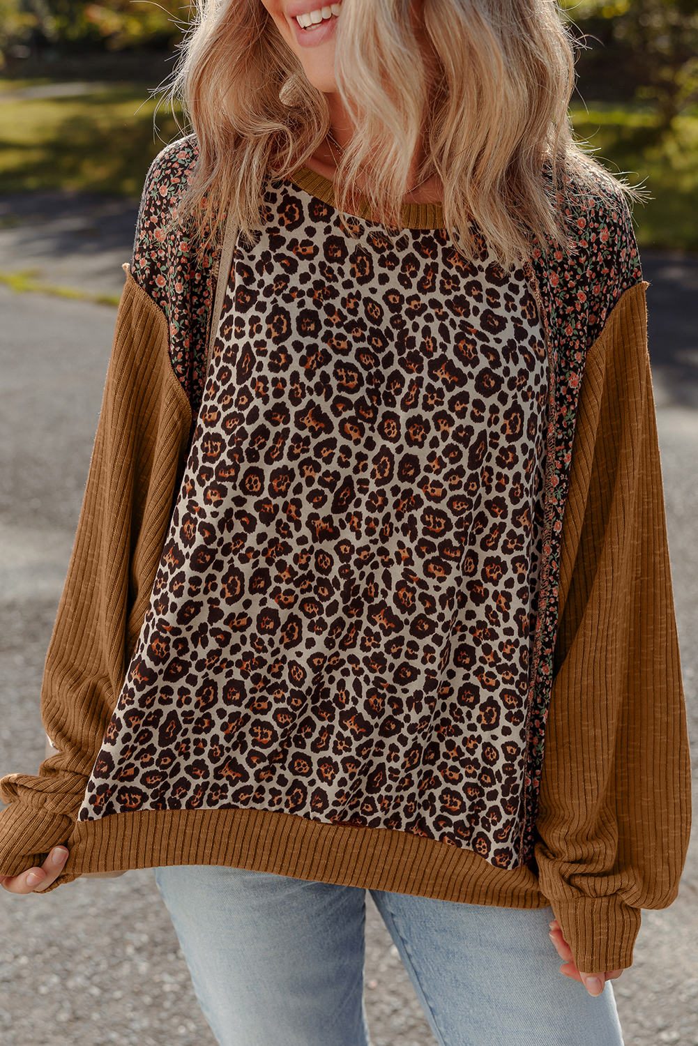 Brown Leopard Floral Print Ribbed Puff Sleeve Patchwork Loose Pullover - Image 3
