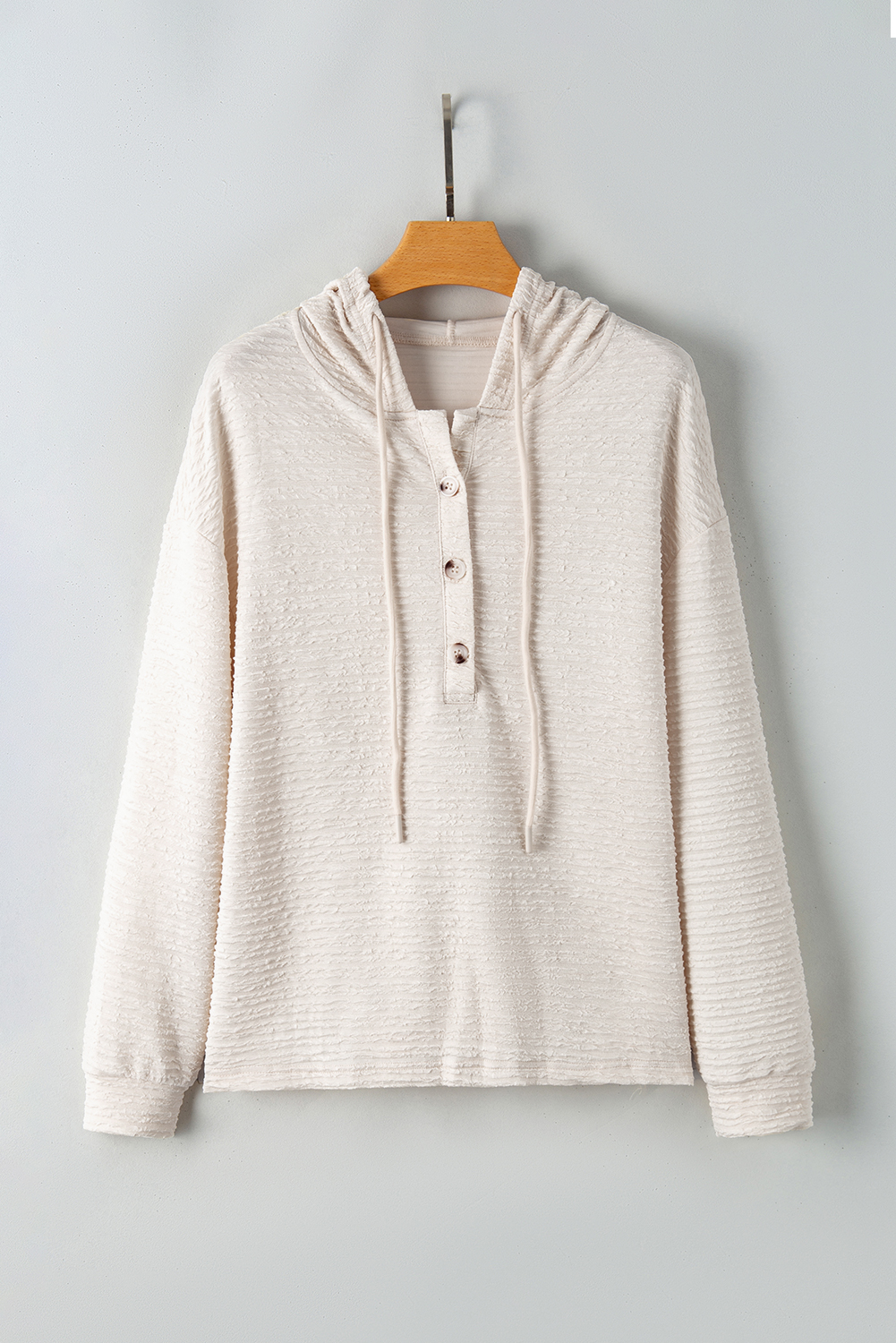 Apricot Solid Textured Drawstring Henley Hoodie - Image 7