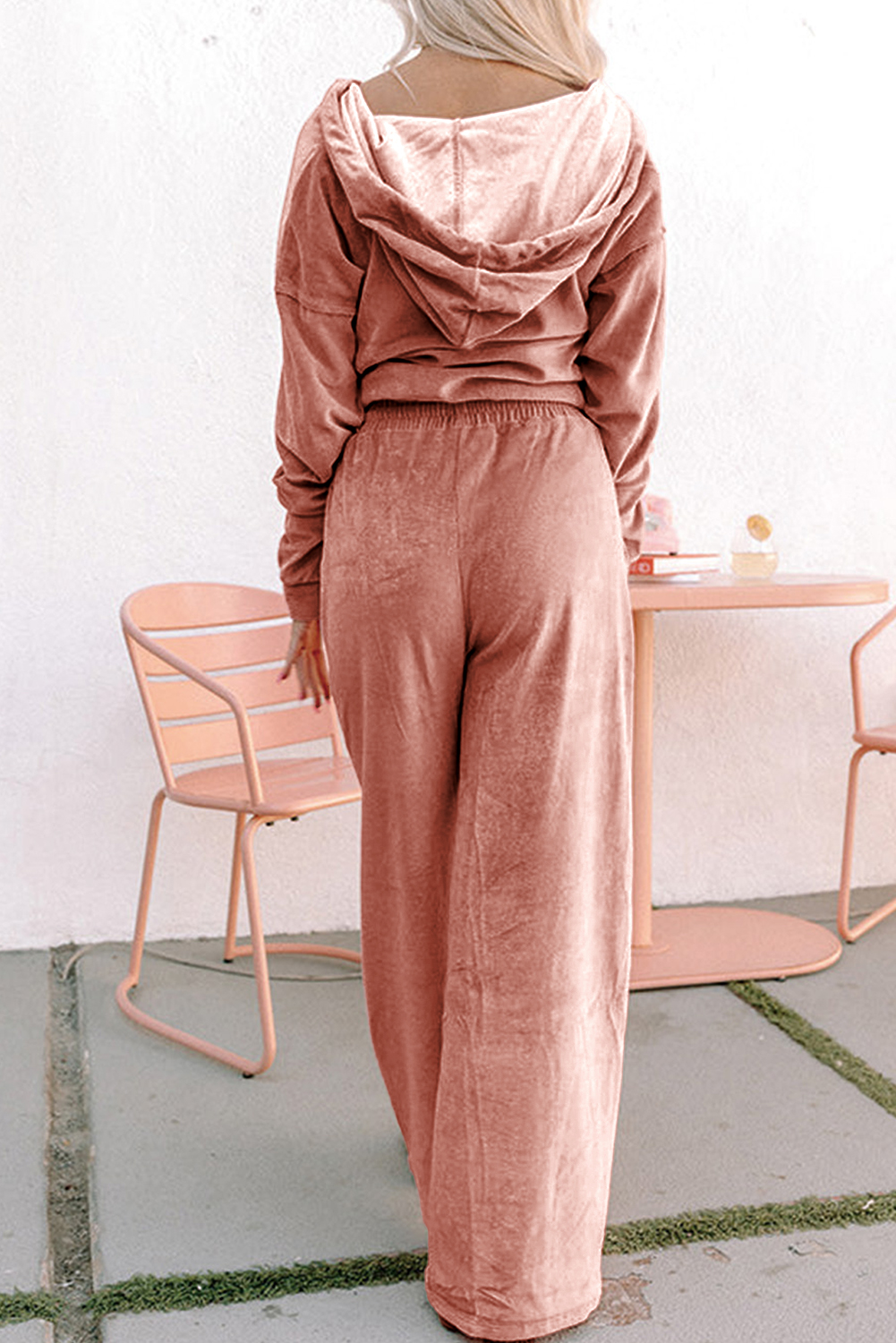 Peach Blossom Velvet Zip-up Hoodie and Wide Leg Pants Set - Image 2