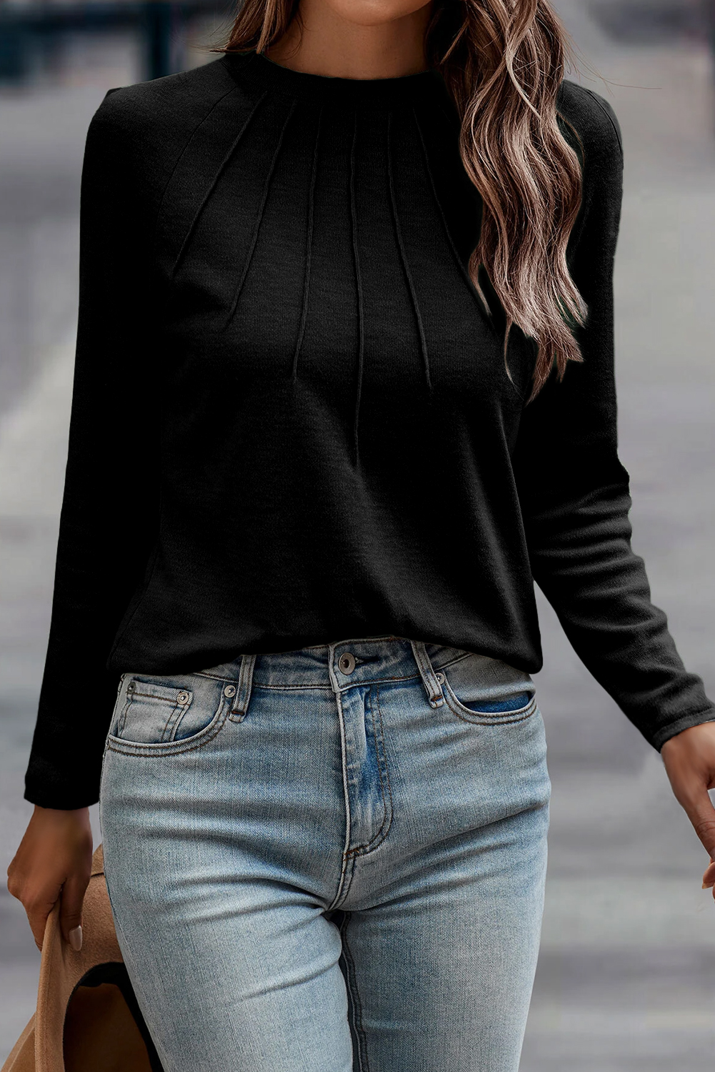 Black Solid Color Seam Detail Raglan Long Sleeve Top - Image 3