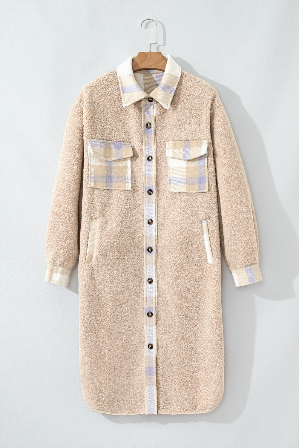 Smoke Gray Plaid Patchwork Collared Button-up Sherpa Long Coat - Image 4
