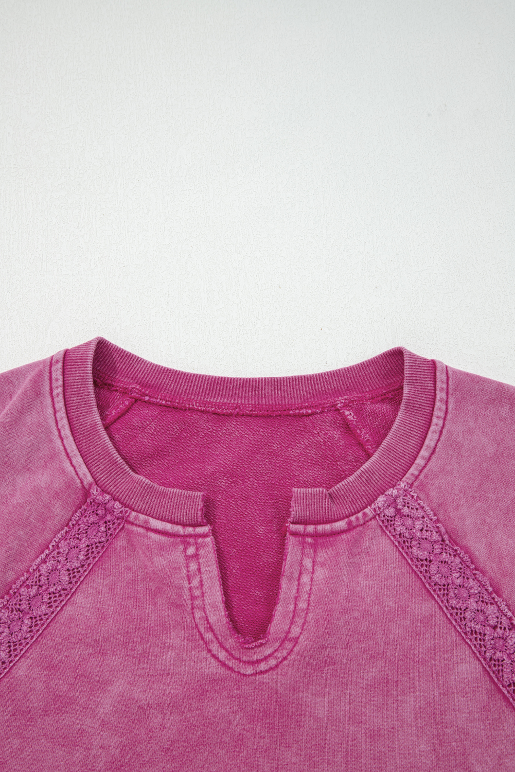 Rose Red Lace Patchwork Detail Notched Neck Mineral Wash Baggy Sweatshirt - Image 4