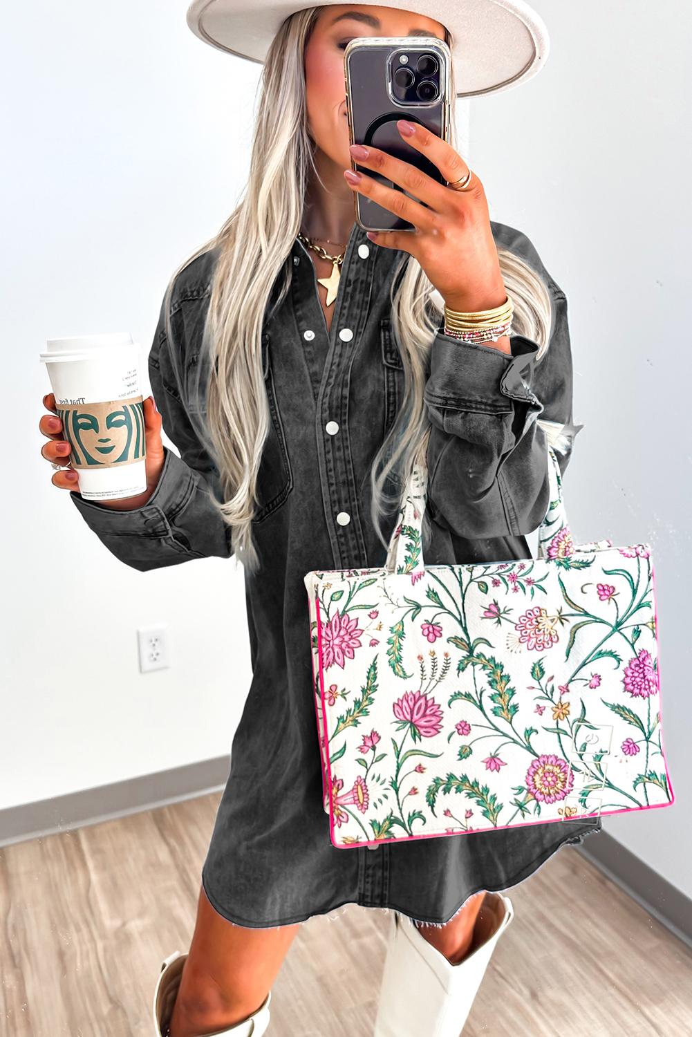 Medium Grey Beau Chest Pocket Raw Hem Denim Loose Shirt Dress - Image 3