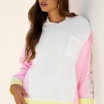 White Floral Colorblock Patchwork Chest Pocket Notched Neck Long Sleeve Top