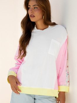 White Floral Colorblock Patchwork Chest Pocket Notched Neck Long Sleeve Top