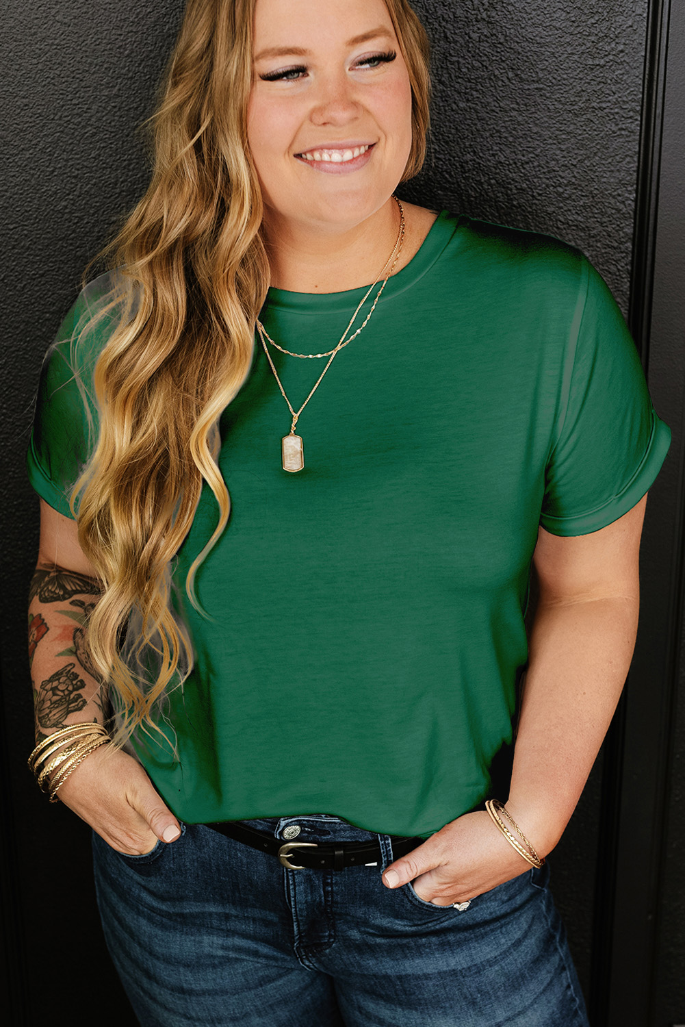 Dark Green Round Neck Rolled Sleeve Plus Size T-shirt - Image 6