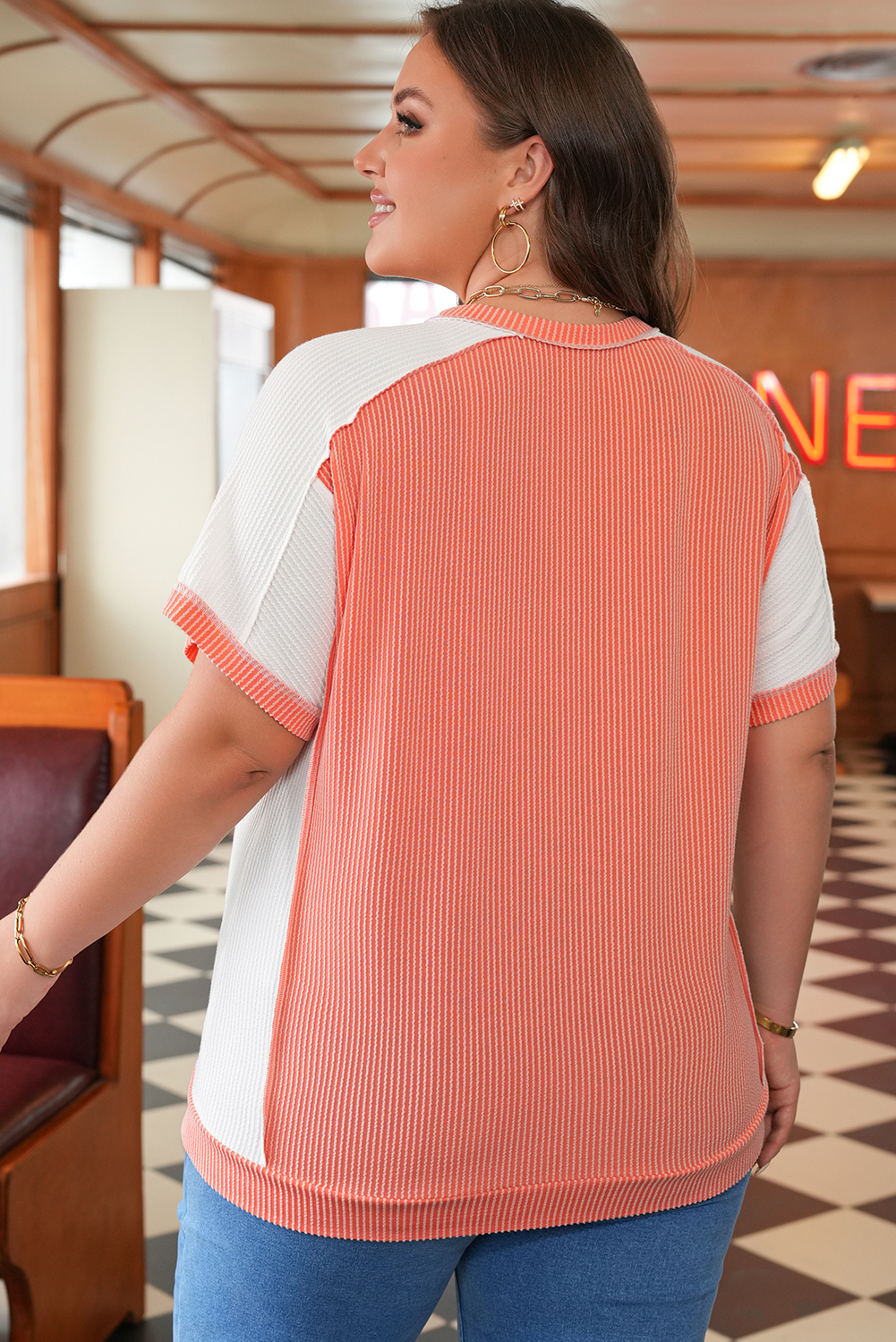 Carrot Twist Rib Colorblock Hi Low Plus Size Short Sleeve Top - Image 2