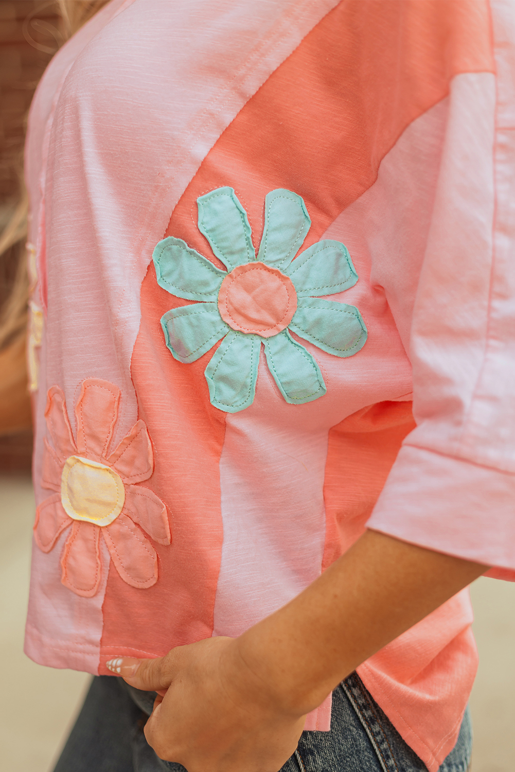 Pink Flower Patched Exposed Seam Bracelet Sleeve Oversized T Shirt - Image 8