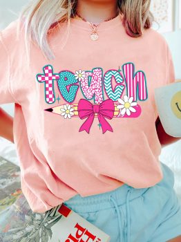 Pink Preppy Retro Checkered Coquette Teach Graphic T-Shirt