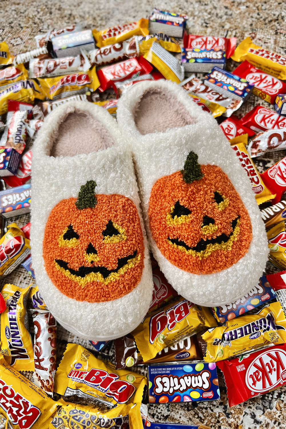 White Halloween Pumpkin Print Plush Slippers (Runs Small, Size Up) - Image 6
