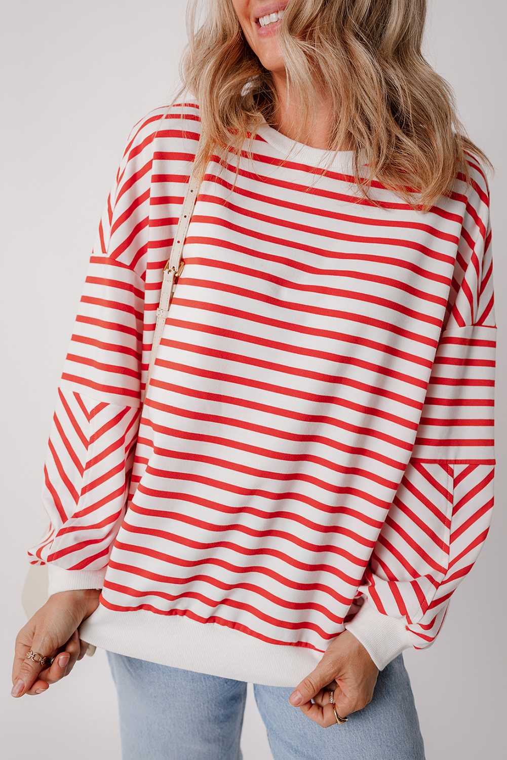 Orange Stripe Drop Shoulder Crew Neck Loose Sweatshirt - Image 4