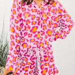 Pink Leopard Print Long Sleeve Shirt and Shorts Pajama Set