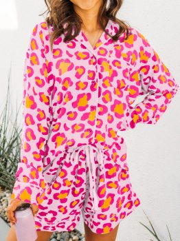 Pink Leopard Print Long Sleeve Shirt and Shorts Pajama Set