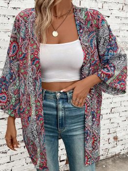 Red Paisley Print Open Front Kimono