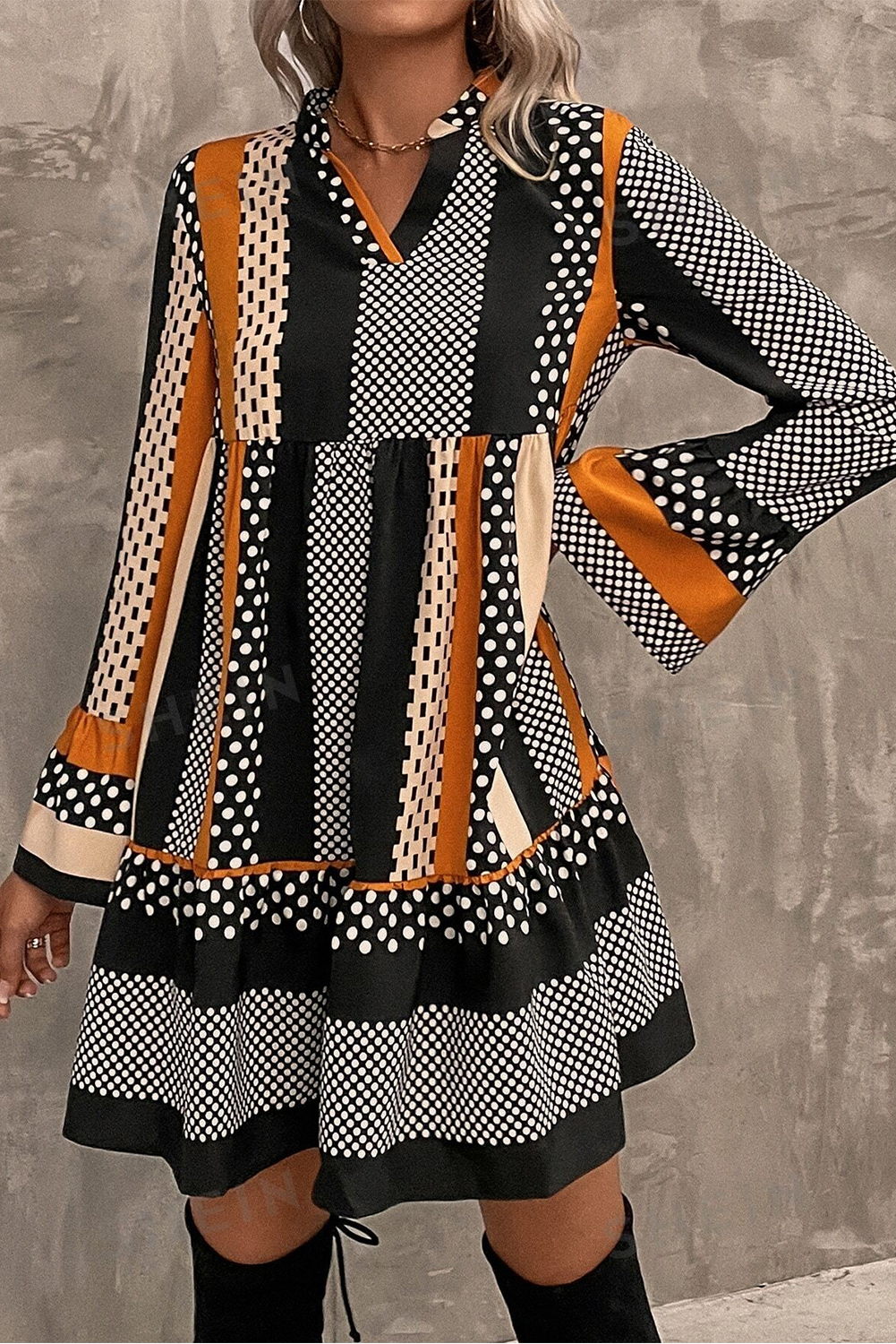 Black Striped Polka Dot Print Ruffled Hem V Neck Mini Dress - Image 3