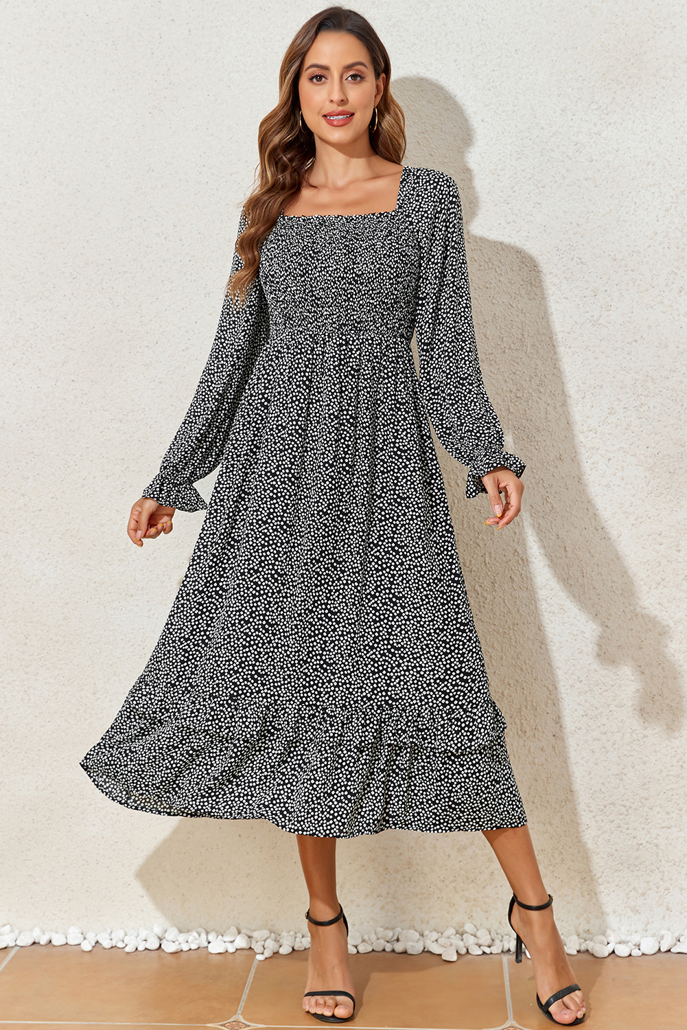 Black Floral Printed Long Sleeve Square Neck Midi Dress - Image 3