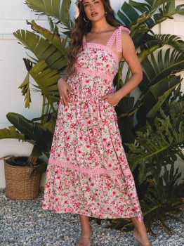 Pink Floral Lace Tied Strap Empire Waist Maxi Dress