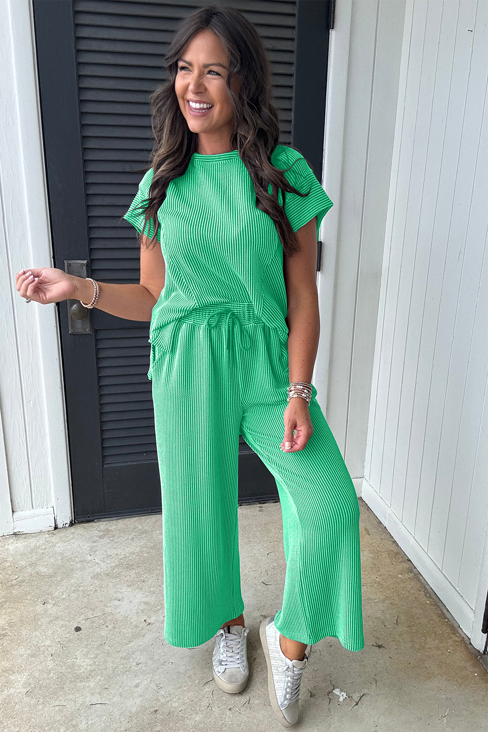 Bright Green Solid Corded Knit Short Sleeve T Shirt and Wide Leg Pants Set - Image 7