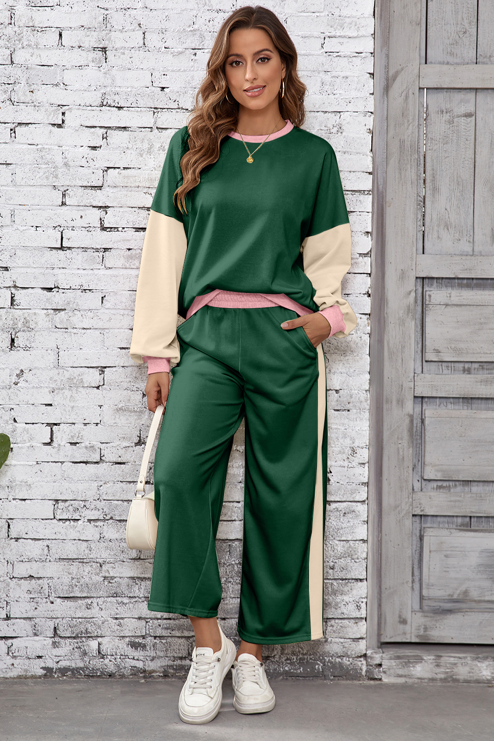 Blackish Green 2pcs Color Block Pullover Loose Pant Set - Image 3