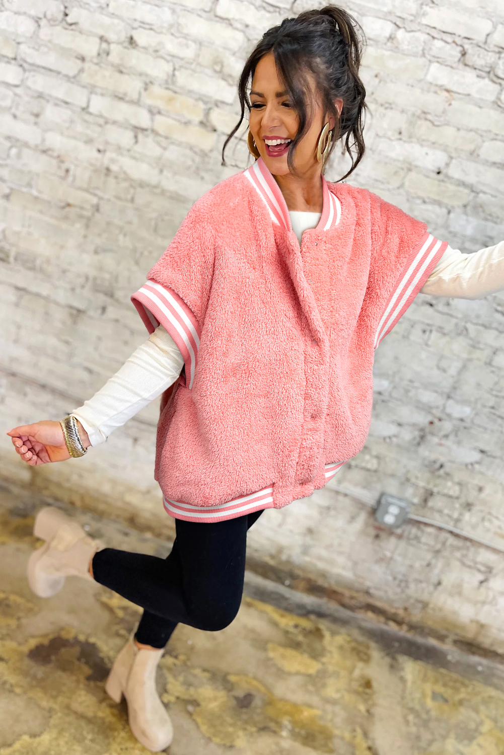 Gossamer Pink Varsity Striped Banding Patchwork Winter Plush Vest - Image 2