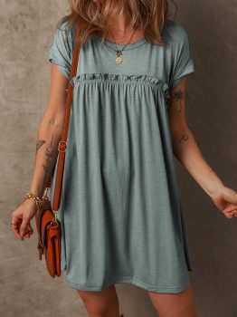 Mist Green Frilled Gathered Seam Round Neck T Shirt Dress