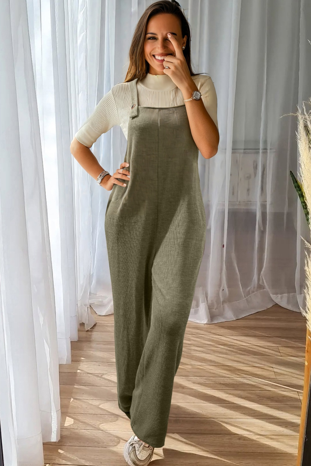 Laurel Green Solid Color Knit Loose Straight Leg Casual Overall Jumpsuit - Image 2