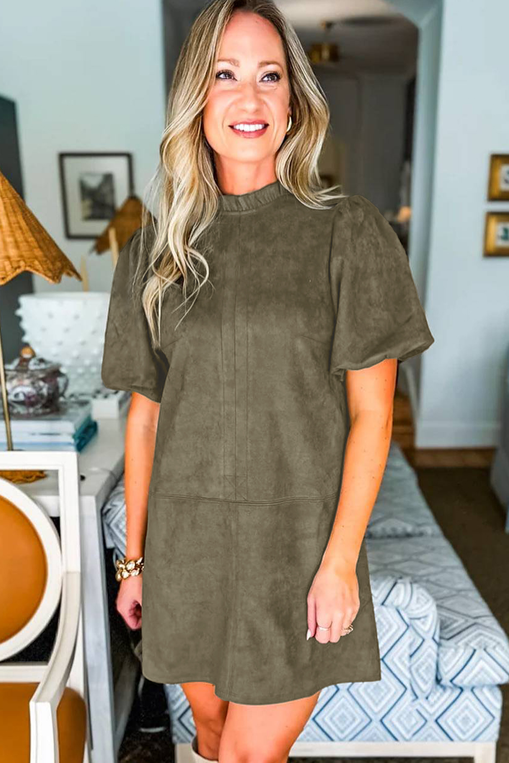 Moss Green Frilled Round Neck Short Puff Sleeve Shift Mini Dress - Image 2