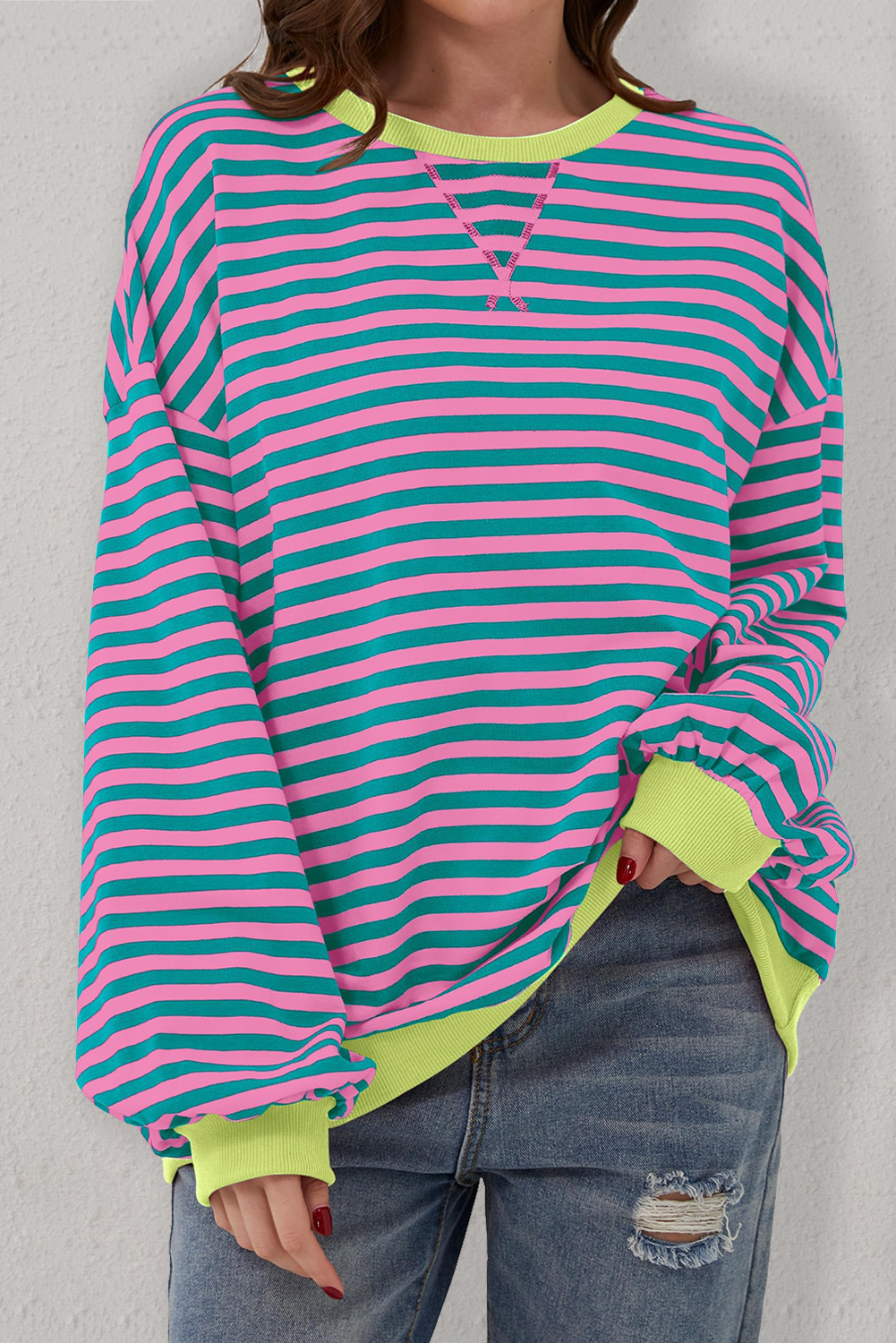 Green Stripe Oversized Contrast Trim Pullover Sweatshirt - Image 7