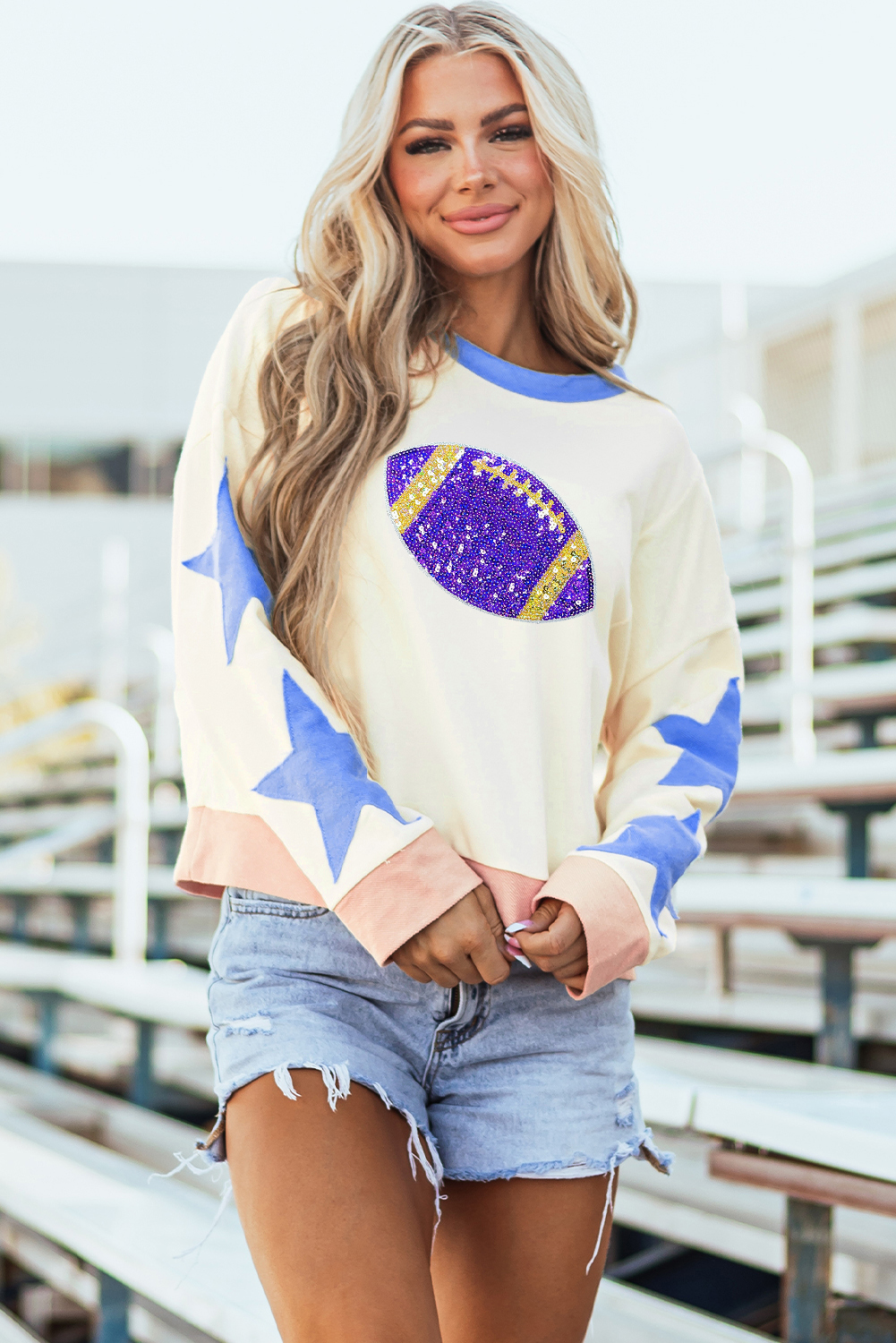 Beige Sequin Rugby Graphic Starry Patched Contrast Trim Game Day Sweatshirt - Image 4