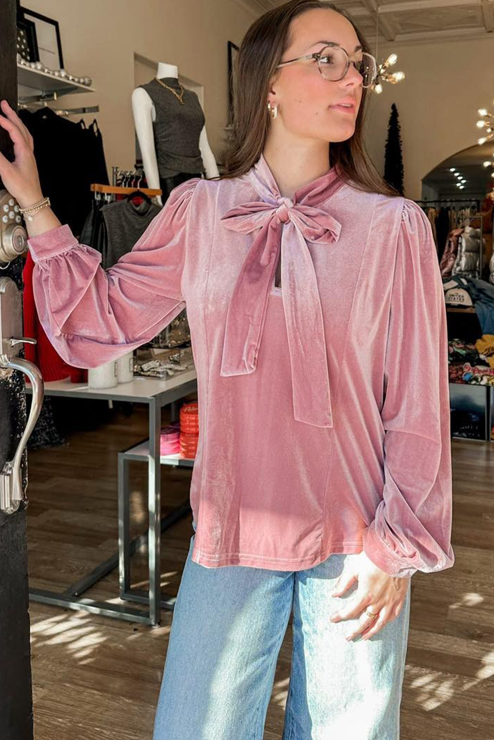 Fushia Solid Color Velvet Ribbon Bow Knot Long Sleeve Blouse - Image 4