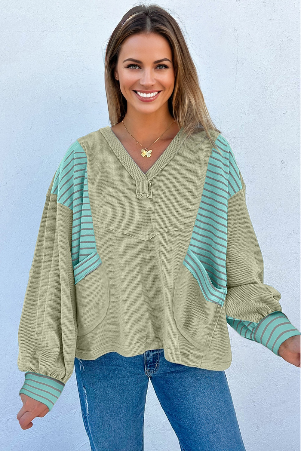 Meadow Mist Green Exposed Seam Waffle Striped Patchwork Baggy Pullover - Image 3