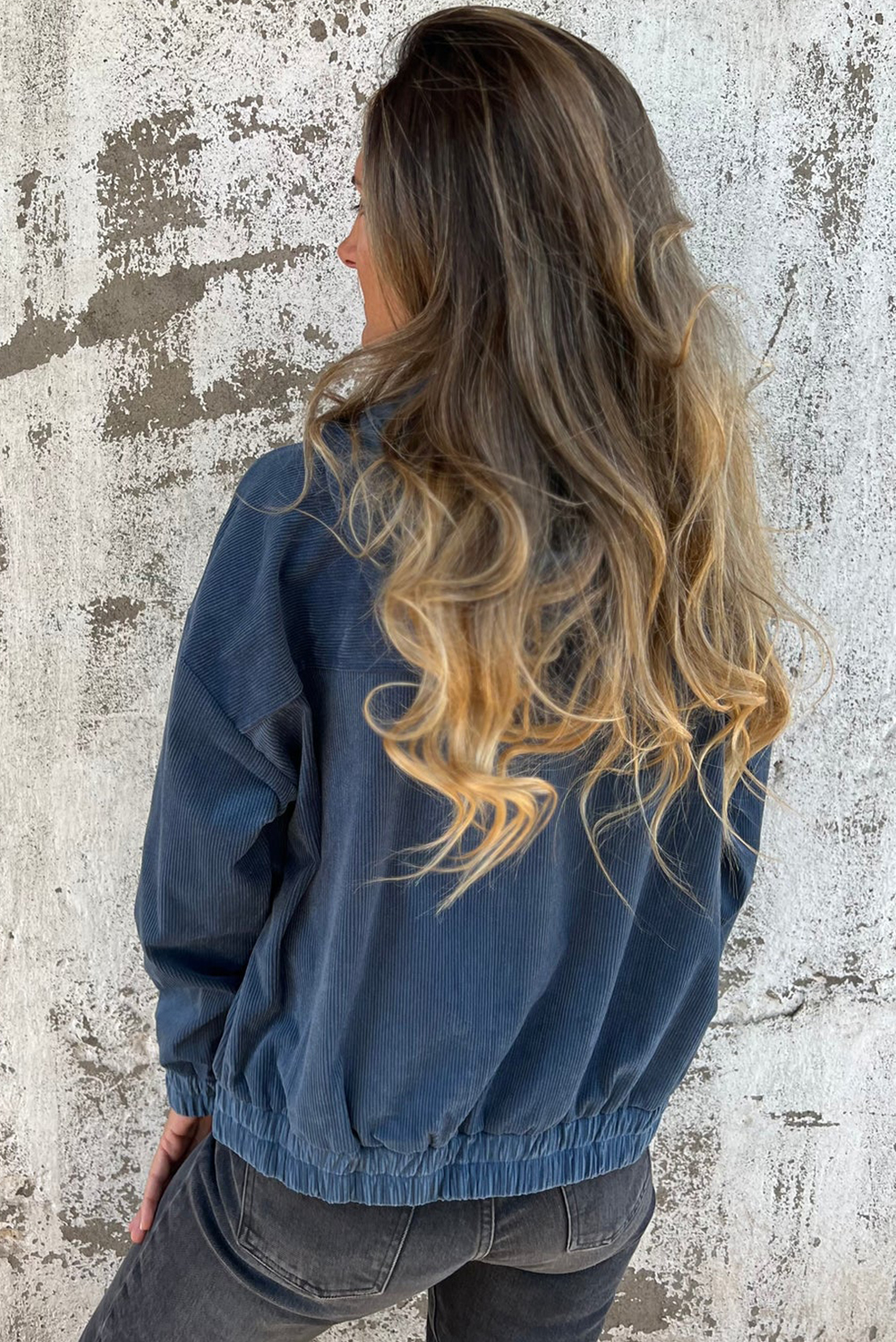 Real Teal Corduroy Drawstring Hooded Pocket Zip Up Jacket - Image 2