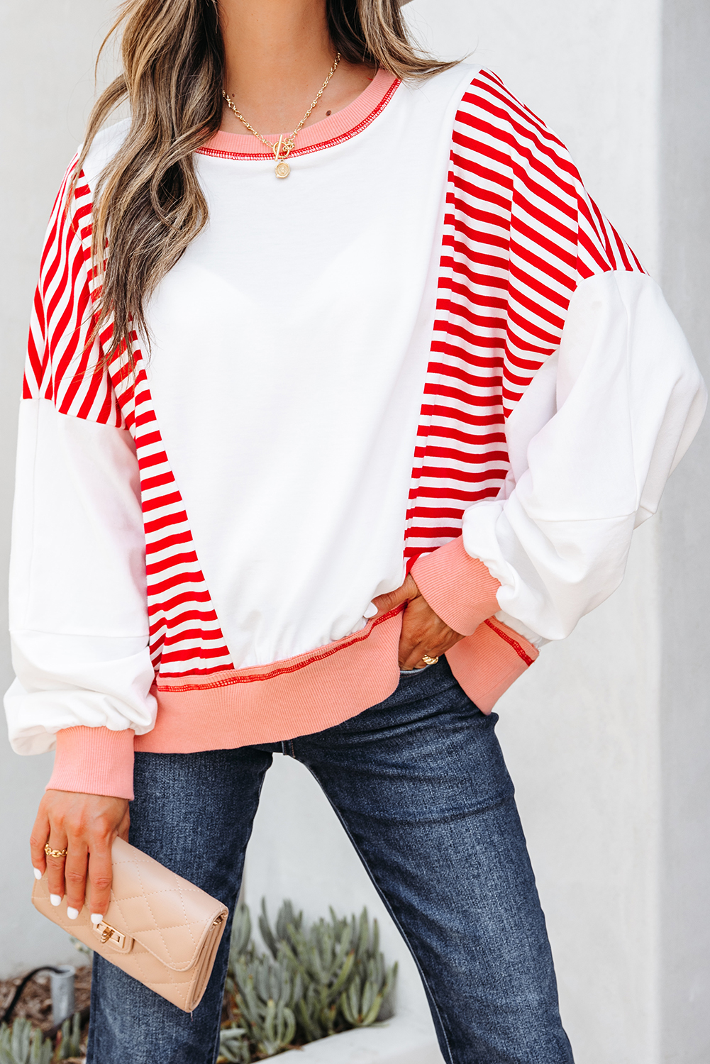 Red Stripe Colorblock Patchwork Contrast Stitching Oversize Sweatshirt - Image 7